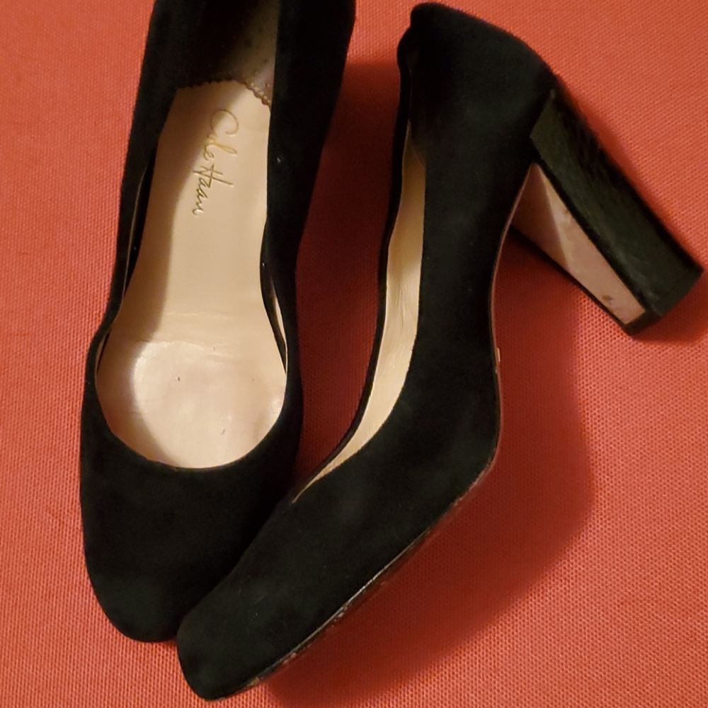 Cole Haan suede pumps with embossed block heel